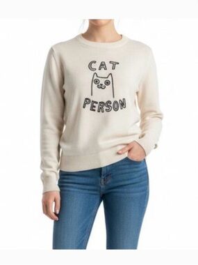Boden Cream 'Cat Person' Graphic Crewneck Sweater Wool, Cotton, Cashmere blend